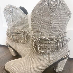Dolls Kill Silver Rhinestone Cowgirl Boots with Studded Embellishments